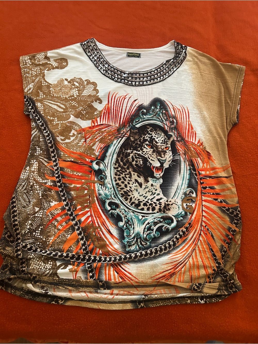 PAZZO Leopard Frame Short-Sleeve Graphic Tee in Orange, Brown and Teal